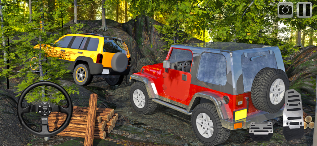 Offroad 4x4 Car Simulator 2023 - Gameplay of Offroad 4x4 Car Simulator 2023 showing two SUVs in a forest with steering and pedal controls.