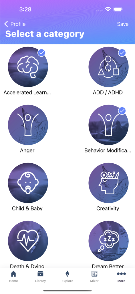 Pantalla de selección de categorías de la aplicación Hemi-Sync Flow mostrando varios temas de audio sobre salud mental y enfoque.