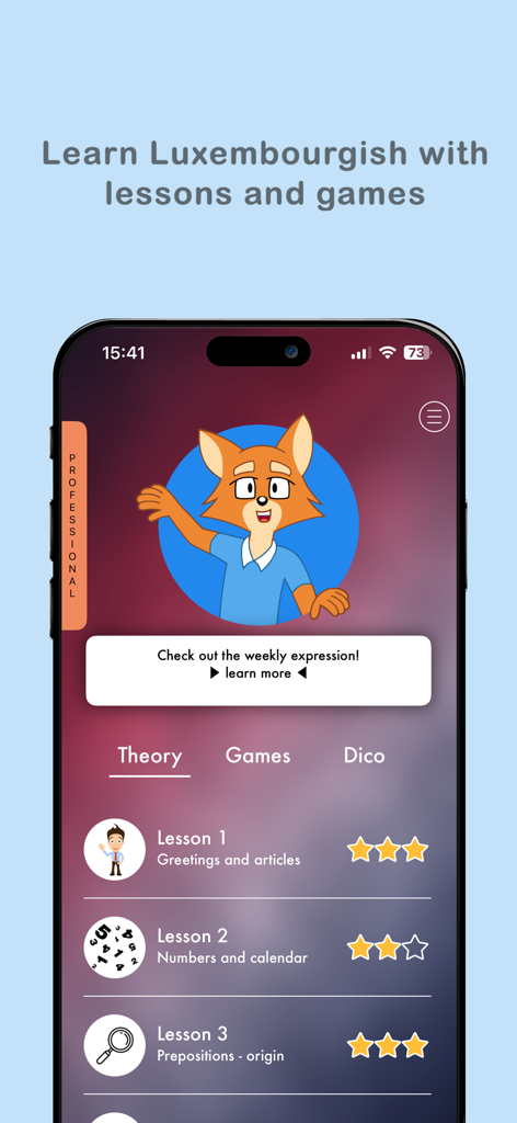 Aureluxアプリのインターフェース。ルクセンブルク語のレッスンとゲームが表示されています。