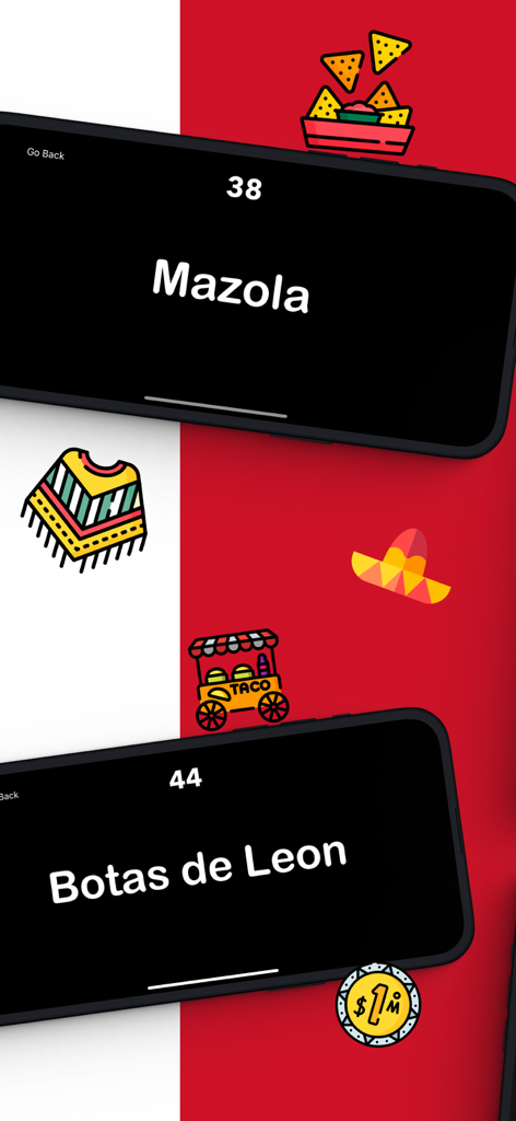Trivia Mexicano! : Charades - Écrans de jeu de l'application de charades Trivia Mexicano présentant des invites culturelles et des icônes comme un sombrero et un chariot à tacos