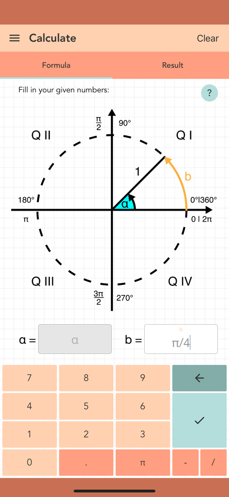 Unit Circle Calculator PRO - Interface of the Unit Circle Calculator PRO app showing a unit circle diagram with quadrants and a specialized math keyboard.
