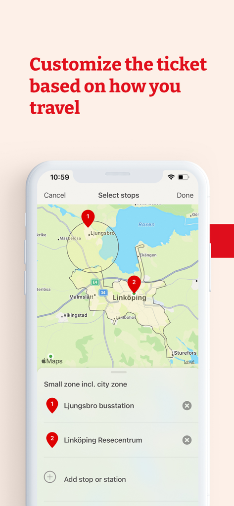 Östgötatrafiken - Pantalla de smartphone que muestra la interfaz del mapa de la aplicación Östgötatrafiken para personalizar un billete de tránsito entre Ljungsbro y Linköping.