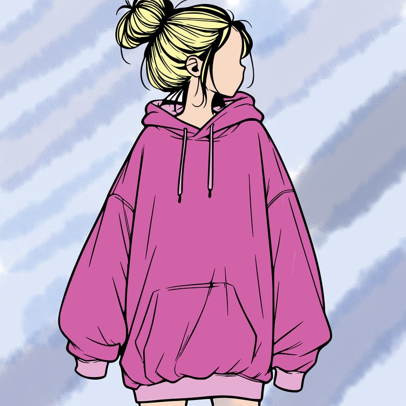 realistic girl with a oversized sweatshirt on and a bun