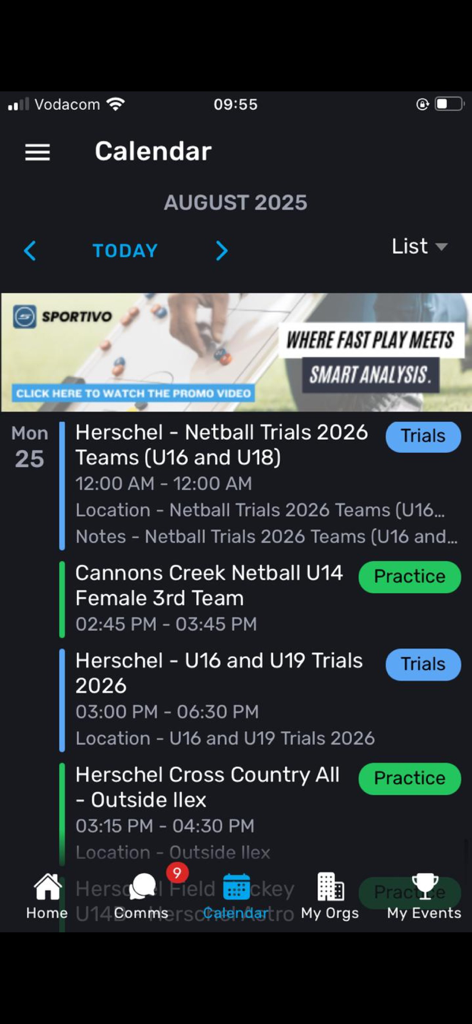 Sportivo Mobile - Interactive sports calendar in the Sportivo Mobile app showing trials and practice events