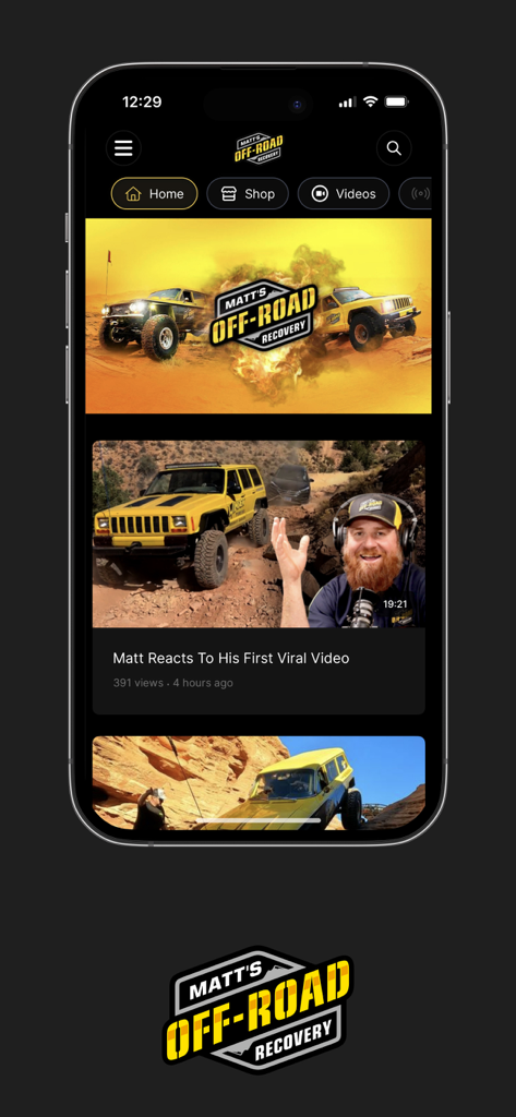 Tela inicial do aplicativo Matt's Off-Road Recovery mostrando conteúdo de vídeo com o jipe Yellow Banana e vídeos de recuperação off-road.