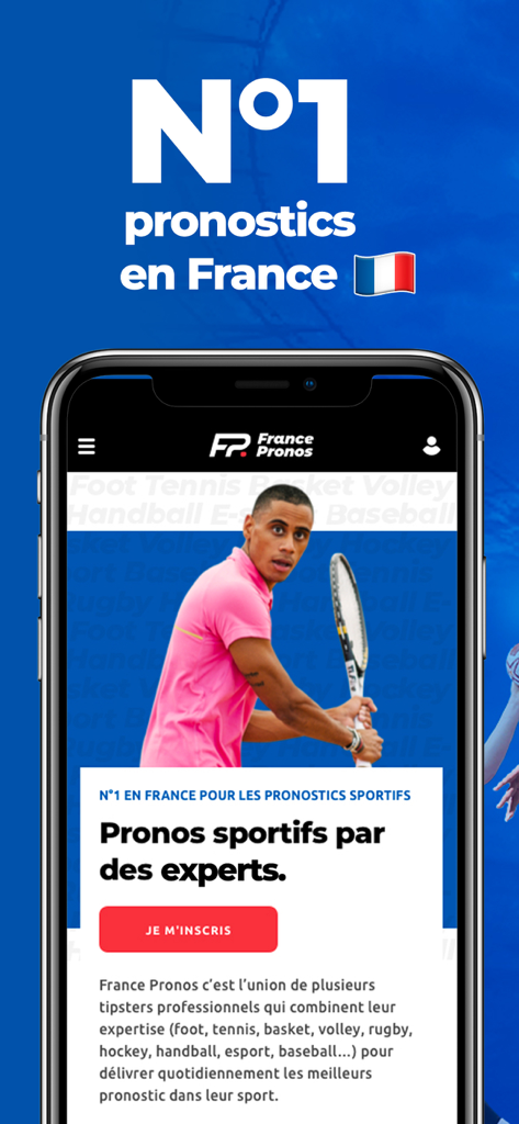 France Pronos - Smartphone displaying the France Pronos app homepage with expert sports betting predictions and a tennis player