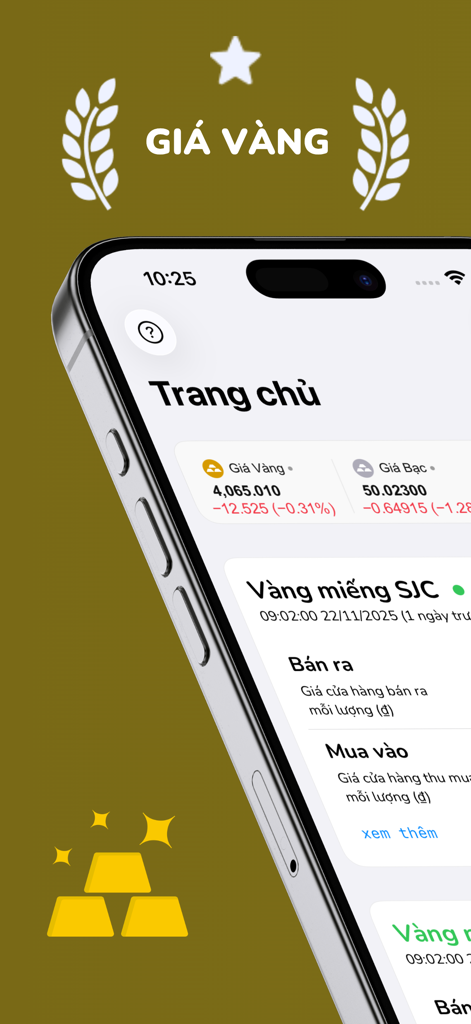 Mobile app interface showing SJC gold bar prices and financial updates in Vietnamese