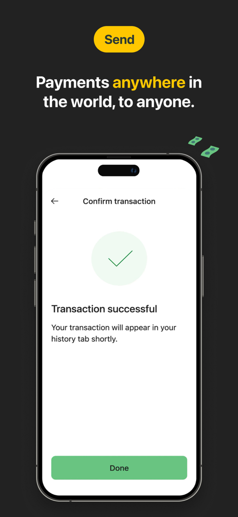 Interfaz de la aplicación Coin Wallet mostrando una confirmación de transacción global de criptomonedas exitosa.