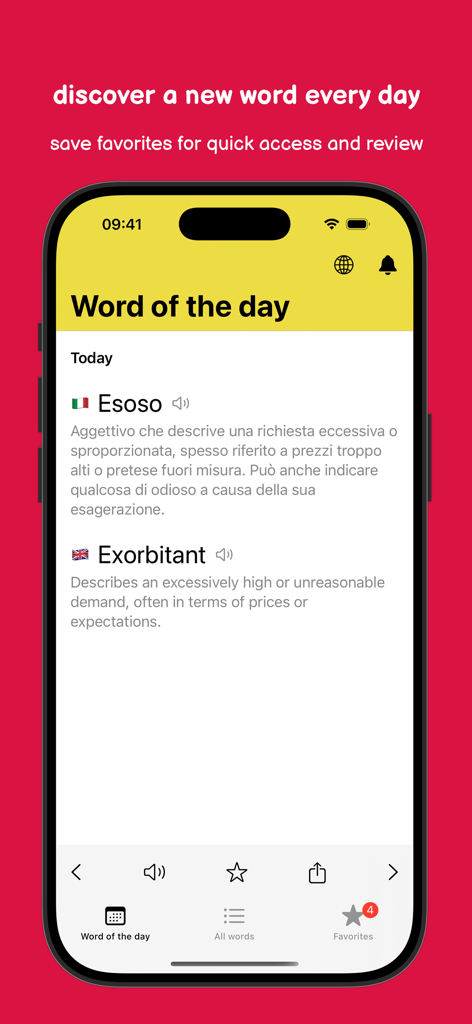 Word of the day - Mobile app interface showing daily vocabulary in Italian and English with definitions