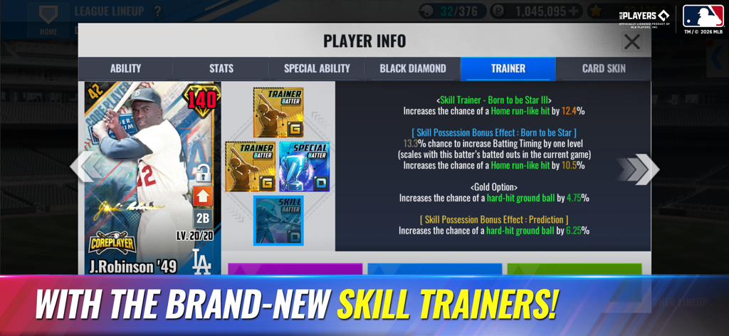 MLB 9 Innings 26 game interface showing Skill Trainer details for a Jackie Robinson legend player card.