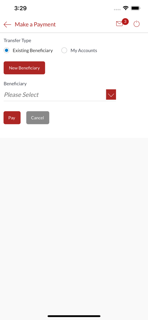 Make a payment screen in the Gibraltar International Bank mobile app