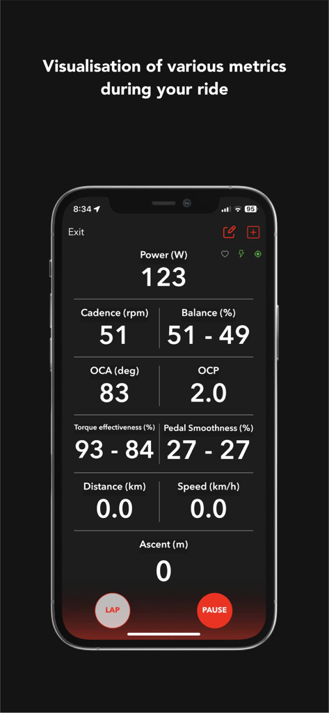ROTOR Power - Real-time cycling metrics dashboard in the ROTOR Power app showing power cadence and pedal stroke data