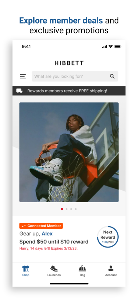 Hibbett - Sneakers & Clothing - Écran d'accueil de l'application Hibbett montrant la progression des récompenses membres et les promotions exclusives