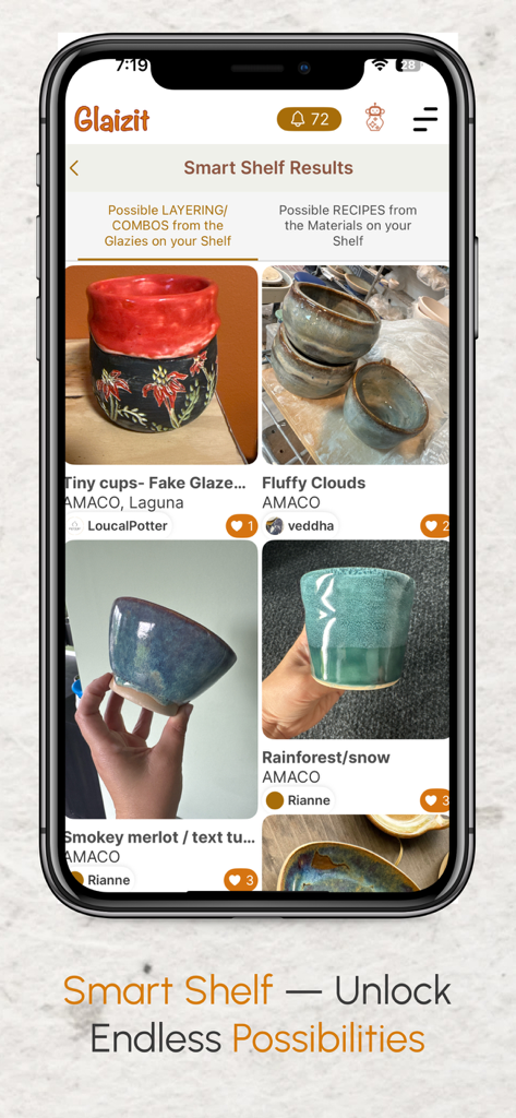 Glaizit – Smart Pottery Hub - Glaizit app screen displaying possible glaze layering combinations and results from a user's inventory.