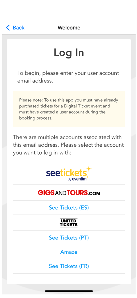 See Tickets Wallet App Anmeldebildschirm mit Kontoauswahlmöglichkeiten von mehreren Ticketanbietern wie Gigs and Tours und United Tickets.