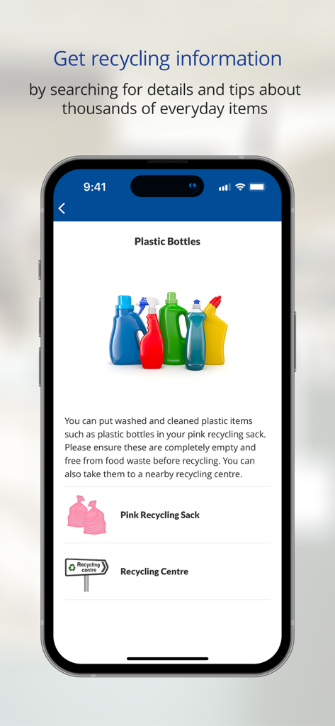 Southend Waste - Mobile app screen showing recycling instructions for plastic bottles in the Southend Waste app