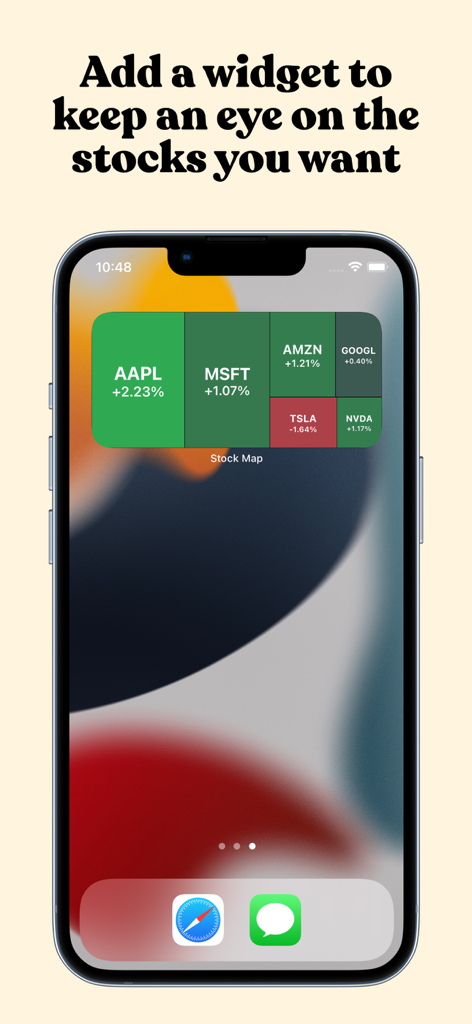 Stock Map: S&P 500 and More - Un widget Carte Boursière en treemap sur un écran d'accueil iPhone affichant les tendances du marché en temps réel pour les meilleures actions comme Apple et Microsoft.