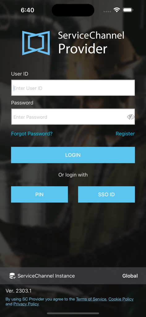 ServiceChannel Provider - Login screen for the ServiceChannel Provider mobile app showing User ID and Password entry fields.