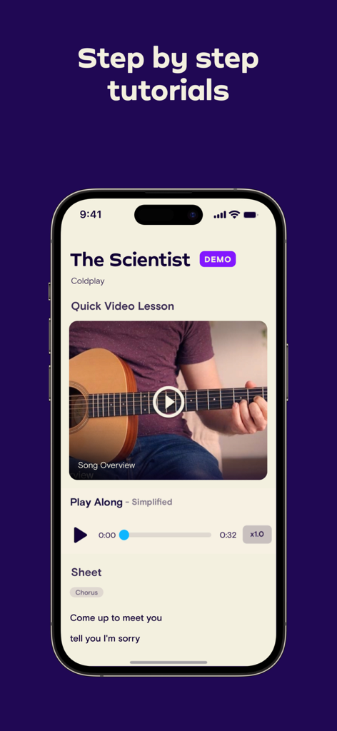 Simply Guitar - Learn Guitar - Simply Guitar app interface showing a step by step video tutorial for the song The Scientist by Coldplay