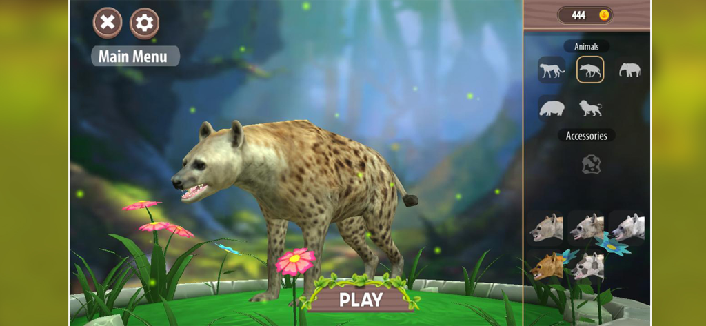 Beast Lion Animal Simulator 3D - Hyena character selection screen with skin customization options in the Beast Lion Animal Simulator 3D game menu.
