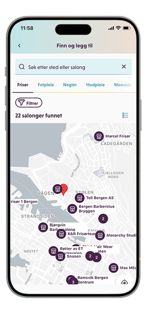Fixit Timebestilling - Fixit app map showing various salon locations for booking