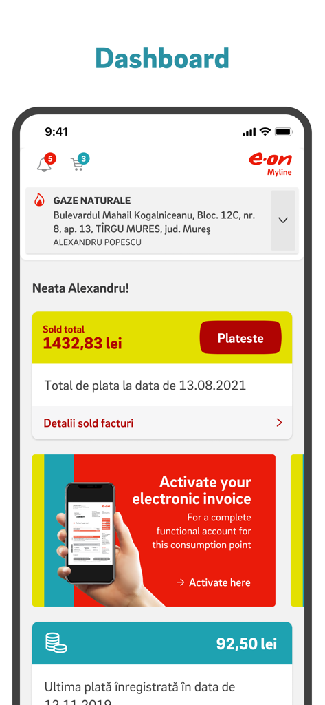E.ON Myline mobile app dashboard showing account balance and payment button