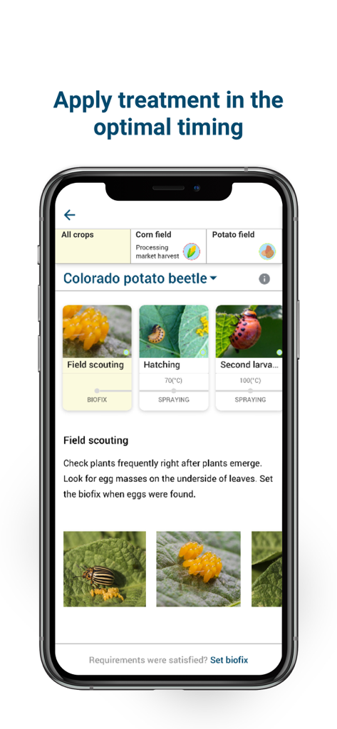 Agrio - Plant diagnosis app - Agrio app interface showing pest life cycle stages and treatment timing for Colorado potato beetle management.