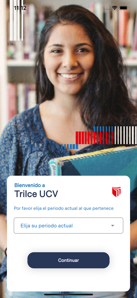 Trilce UCV - Pantalla de bienvenida de la aplicación educativa Trilce UCV con un estudiante y un menú de selección de período académico
