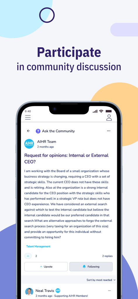 AIHR | Academy to Innovate HR - Pantalla de la aplicación Academy to Innovate HR de AIHR que muestra una discusión comunitaria profesional sobre gestión de talento