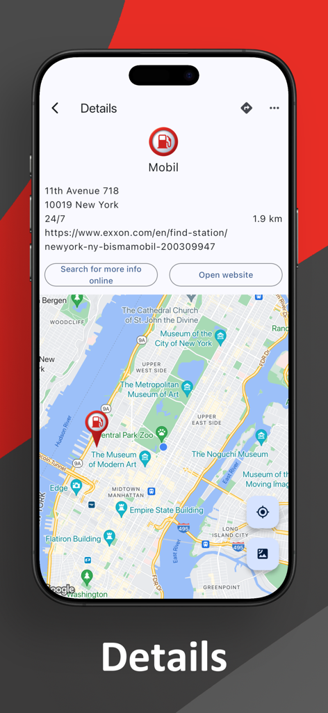 Gas Station & Fuel Finder - Captura de tela da tela de detalhes do posto de gasolina mostrando o endereço, localização no mapa e link do site para um posto Mobil em Nova York.