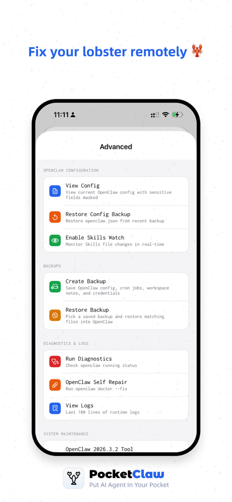 PocketClaw - Remote AI Agent - Pantalla de la aplicación PocketClaw que muestra la configuración avanzada del agente de IA remoto y la configuración de diagnóstico