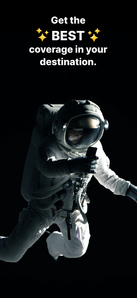 Un astronauta flotando en el espacio sosteniendo un smartphone con texto sobre la mejor cobertura de destinos