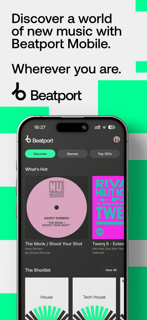 Beatport: Music for DJs App - Beatport mobile App-Oberfläche, die den Entdeckungsbildschirm mit elektronischen Musiktiteln und Genre-Kategorien für DJs anzeigt