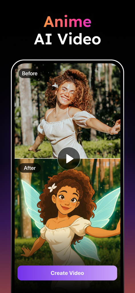 Pixelance: AI Video Generator - Uma comparação de antes e depois de uma foto real transformada em um personagem de fada de anime usando tecnologia de vídeo por IA