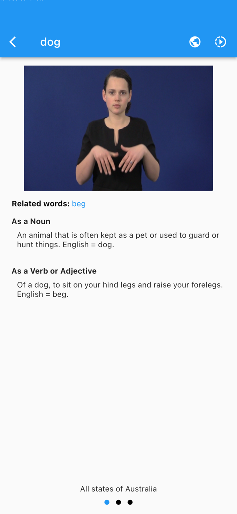 Auslan Dictionary app interface displaying the video sign and definition for the word dog.
