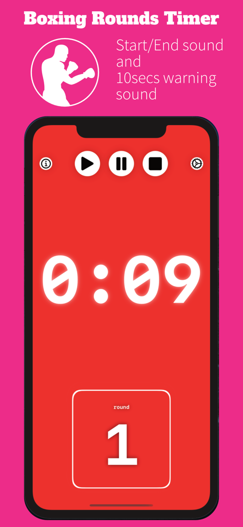 Boxing Rounds Timer app showing a nine second countdown and round indicator