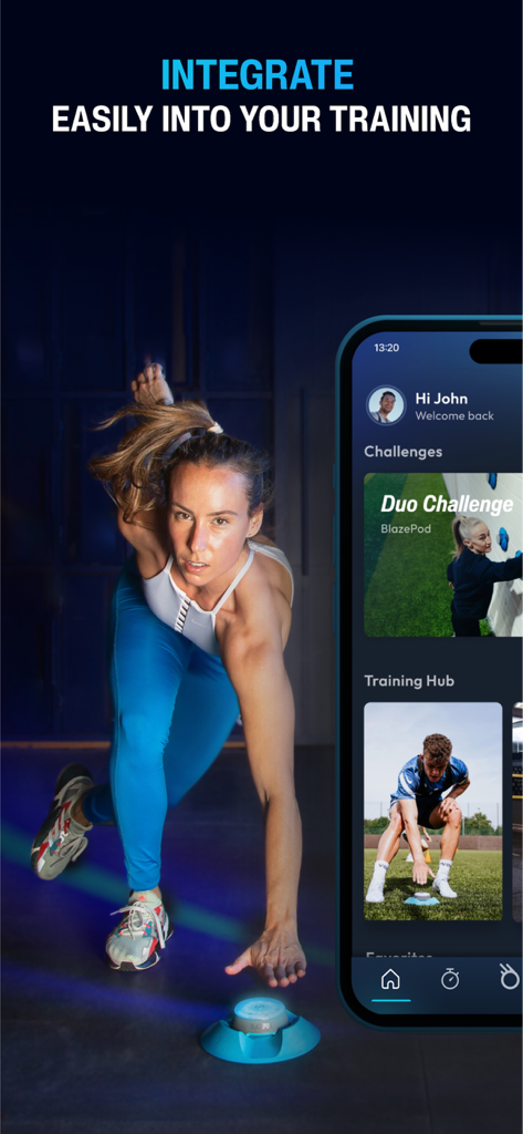 A woman performing agility training with a physical BlazePod next to the mobile app interface.