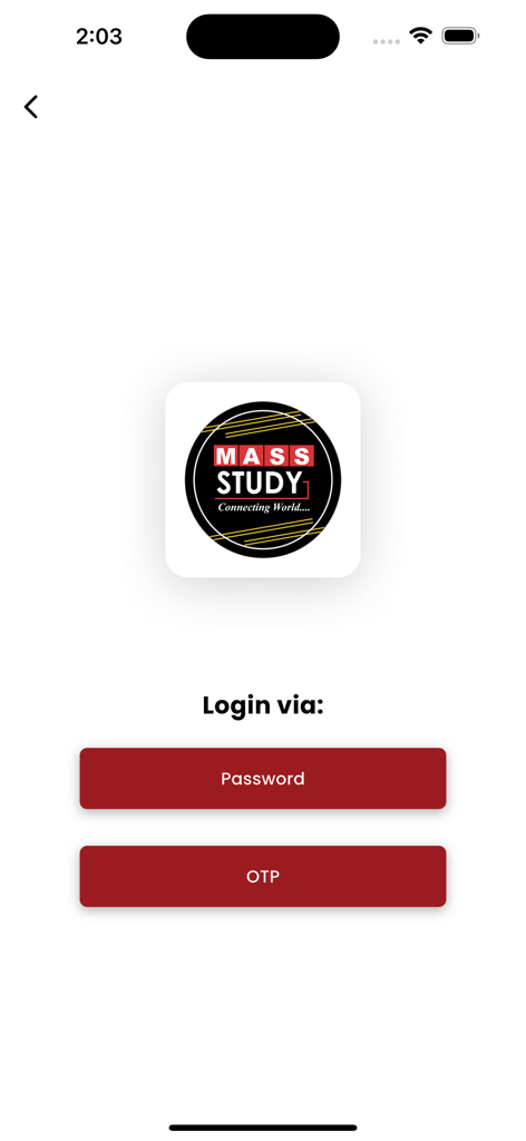 Mass Study - Mass Study app login screen featuring buttons for password and OTP sign in