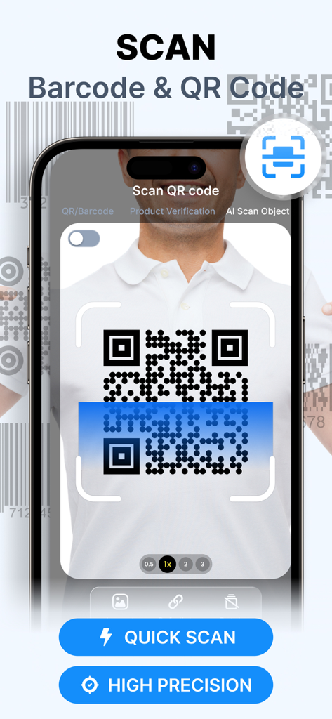 iPhone displaying the Scan QR Code app interface scanning a QR code with quick scan and high precision buttons