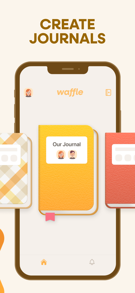 Um smartphone mostrando a tela Criar Diários no aplicativo Waffle com várias capas de diário estéticas.