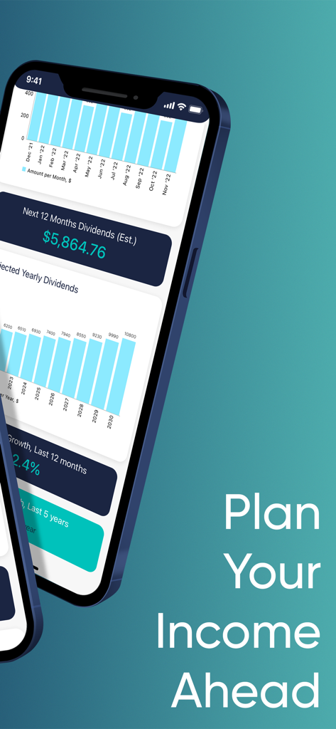 Dividend Tracker: Stock Market - Smartphone affichant l'application Dividend Tracker avec des graphiques montrant les revenus de dividendes annuels et mensuels projetés