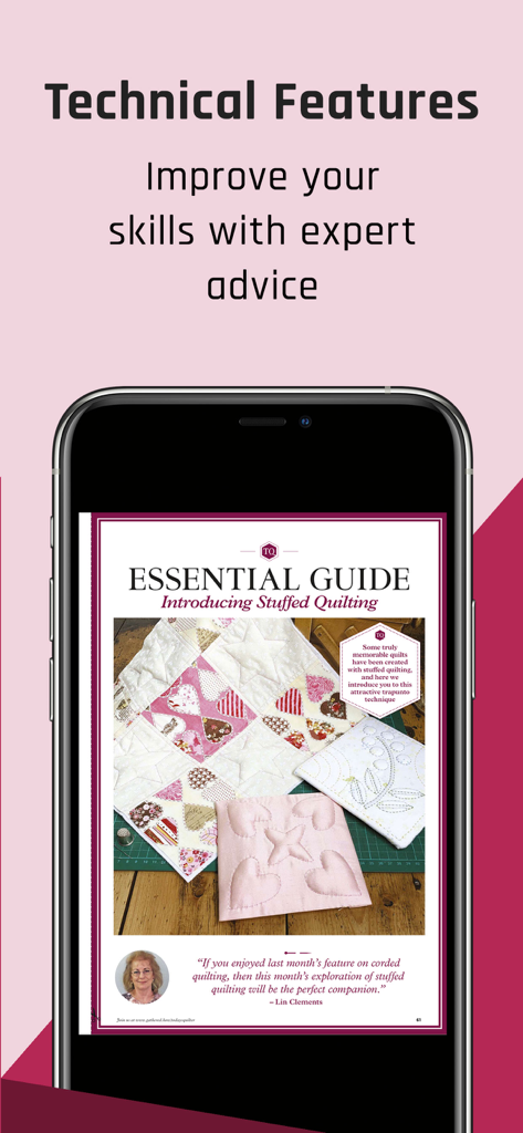 A smartphone showing the Today's Quilter Magazine app with an essential guide to stuffed quilting techniques and expert advice.