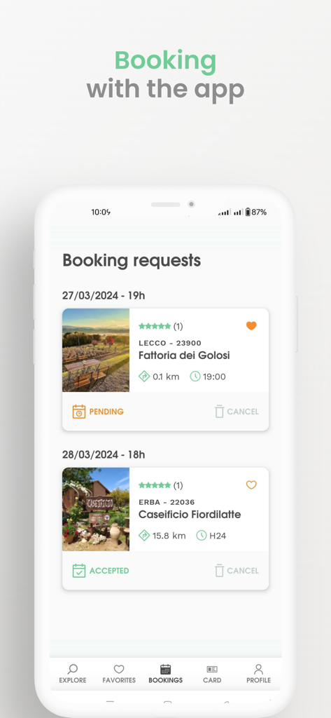 Agricamper Italia - Interfaccia dell'app Agricamper Italia che mostra richieste di prenotazione in sospeso e accettate per soste rurali