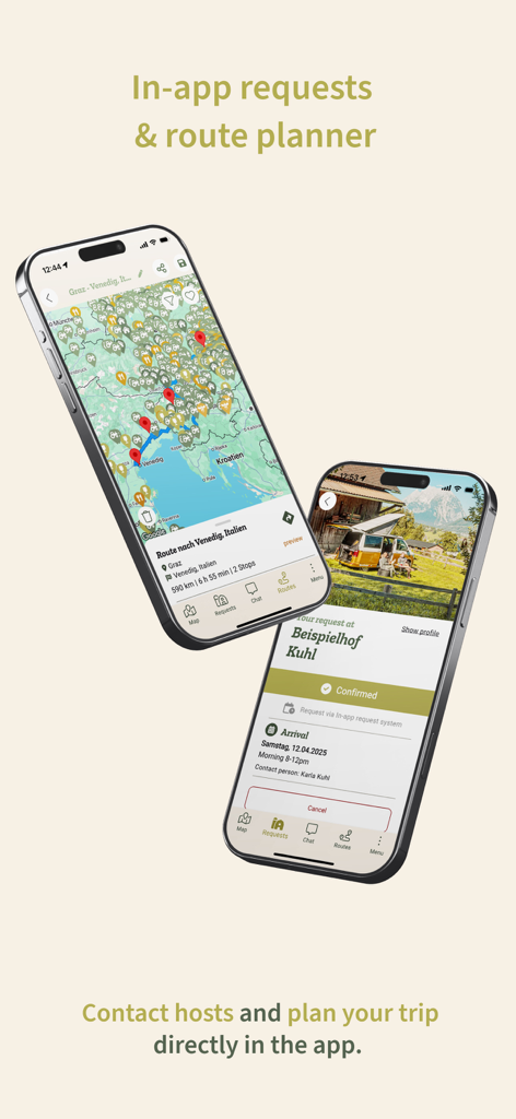 Schau aufs Land app interface displaying a route planner on a map and a confirmed farm stay booking confirmation.