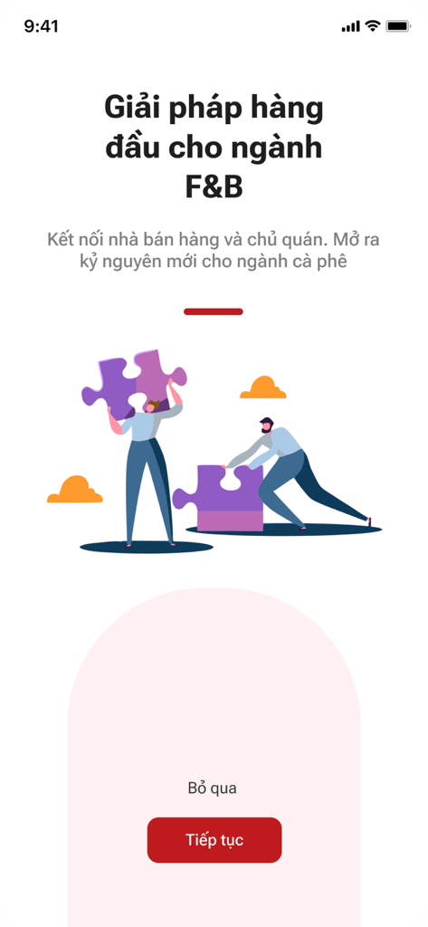 Chợ Cà Phê - Chợ Cà Phê app onboarding screen showing a puzzle illustration and text about leading F&B industry solutions