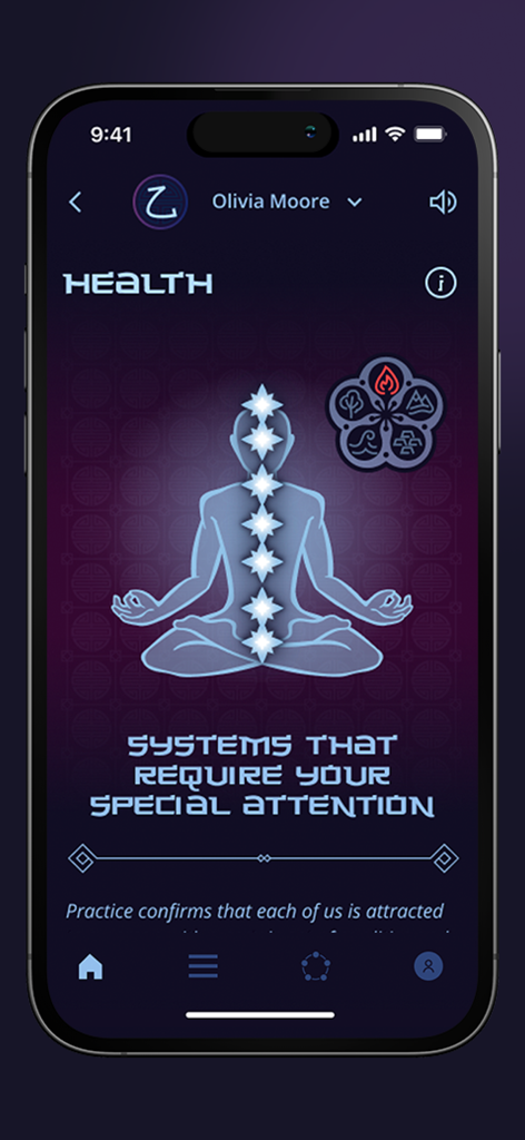 Health analysis interface in the TSI Bazi astrology app featuring a meditative silhouette and the five elements icon.