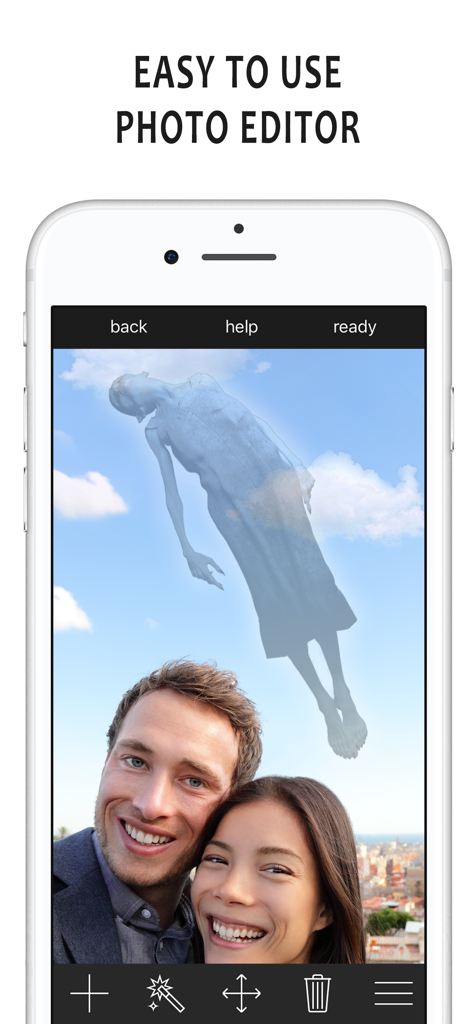 Ghost in Photo - Photo Editor - Smartphone screen showing the Ghost in Photo editor app adding a floating ghost sticker to a couple selfie.