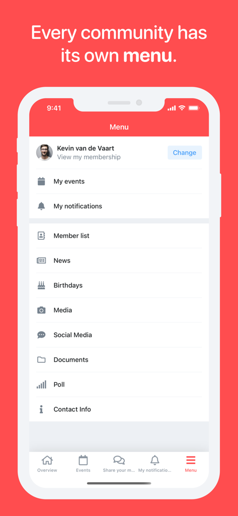 Socie - User interface of the Socie app menu showing community management features like news and member lists