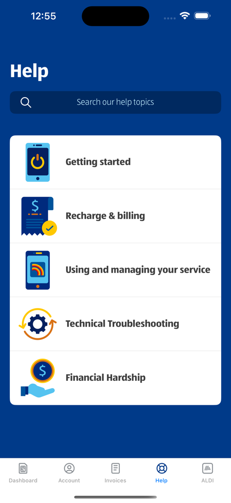 ALDI Mobile - The help section of the ALDI Mobile app showing categories like Getting started and Recharge and billing