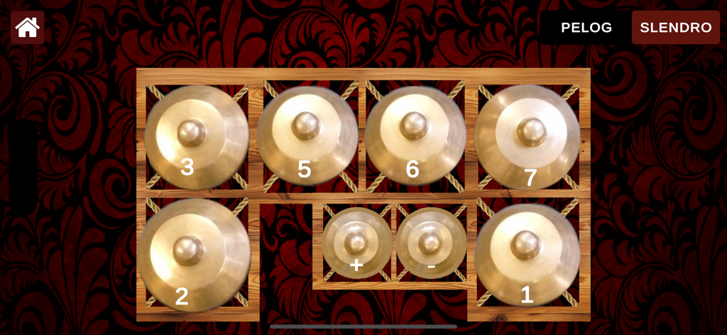 Interfaz de la aplicación Real Gamelan que muestra un instrumento virtual Bonang con opciones de escala Slendro y Pelog.